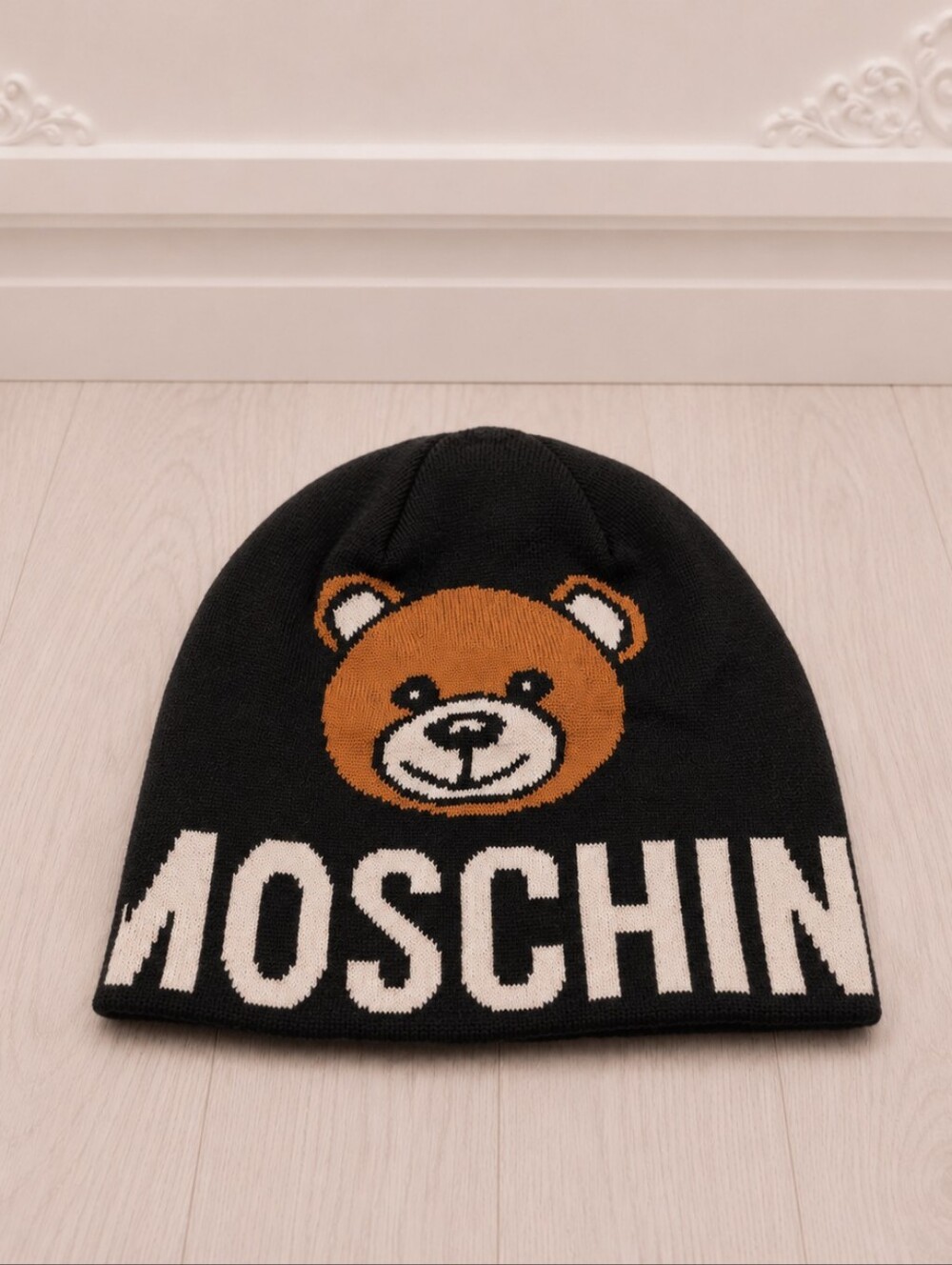 MOSCHINO Black Bear Knit Beanie with Tan Bear